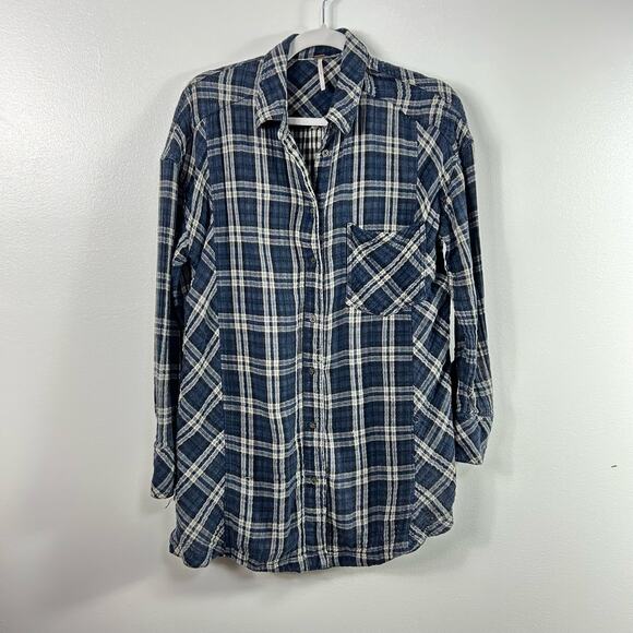 Free People Tops - Free People Navy Blue Plaid Nordic Day Tie Hem Button Front Shirt Size Small